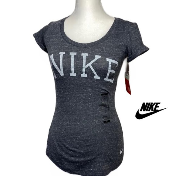 NWT $35 NIKE Women M The Athletic Dept. Logo Graphic Heather Grey Tee Top - Picture 1 of 8